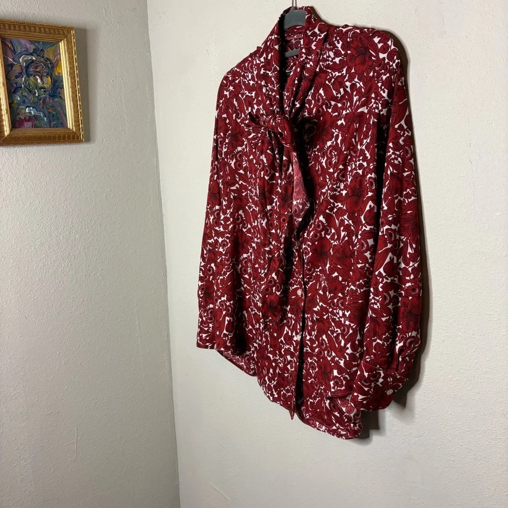 Ann Taylor Rust Orange and White Floral Blouse with Bow Collar Medium P - Picture 2 of 7